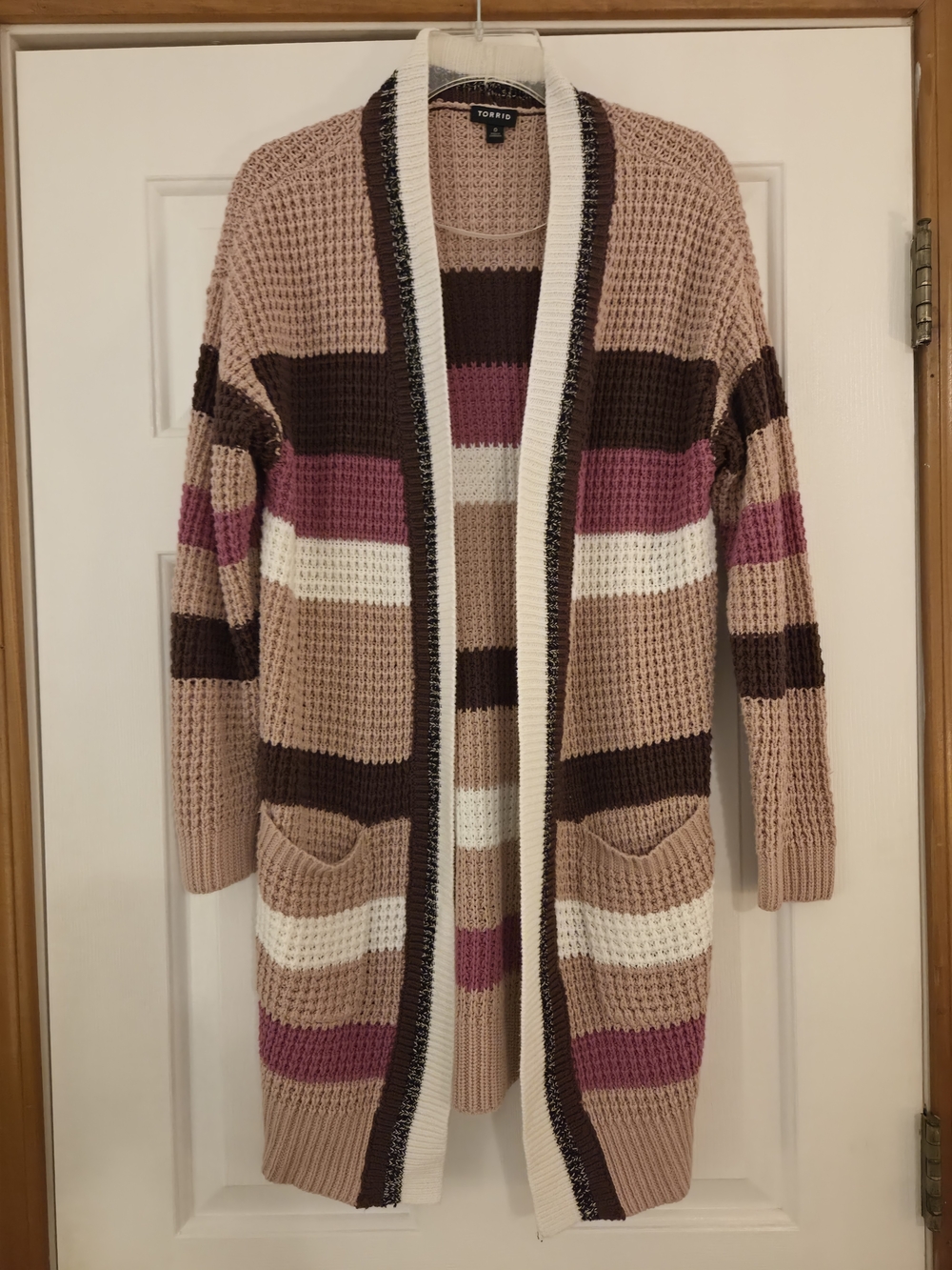 Torrid Striped Open-Front Cardigan Sweater - Pink/Tan/White
